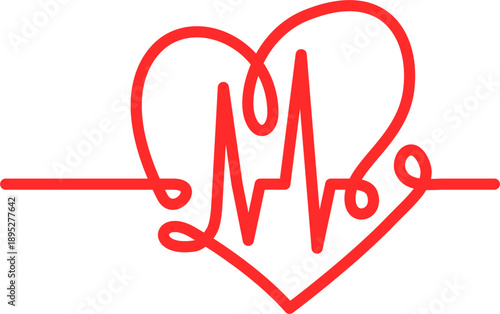 Continuous line heart beat symbol, red line art cardiogram for medical and love concepts.