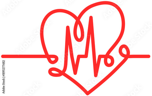 Continuous line heart beat symbol, red line art cardiogram for medical and love concepts.