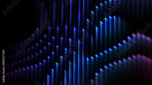 Flowing digital data waves made of glowing particles on dark background. Abstract technology background, artificial intelligence (AI) and digital sound equalizer concept. Smooth wave motion, 4K looped