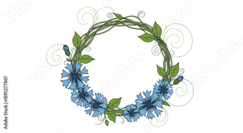 Beautiful hand drawn floral wreath made of delicate blue cornflowers and intertwining green vines with elegant swirl accents.