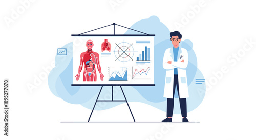 Professional doctor standing next to a medical presentation chart showing human anatomy and various health data graphs.