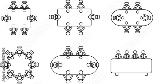 Business meeting table layout icon set, teamwork discussion top view office conference vector illustration isolated on white background