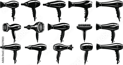 Collection of black hair dryer silhouettes featuring professional blow dryer icons with different nozzles and diffusers isolated on white background