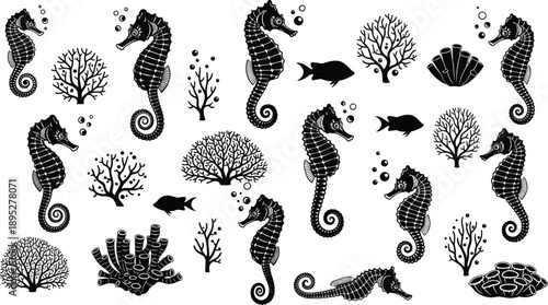 Collection of black seahorse silhouettes with decorative coral reef elements, bubbles and tropical fish, marine life vector set for design