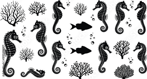 Collection of black seahorse silhouettes with coral reef elements and bubbles, marine life vector set isolated on white background for design