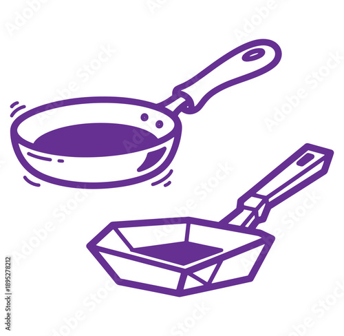 Two purple frying pans one with food and one empty Keywords: frying pan, skillet, cooking