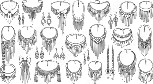Collection of hand drawn jewelry line art featuring elegant statement necklaces, fringe chokers, boho bib pendants, and decorative dangling earrings set