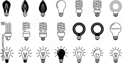 Collection of light bulb icons featuring incandescent, halogen, energy saving CFL, and LED lamps in silhouette and line art style