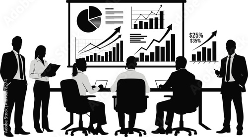 Business team meeting presentation silhouette, corporate analytics charts growth strategy discussion vector illustration isolated on white background