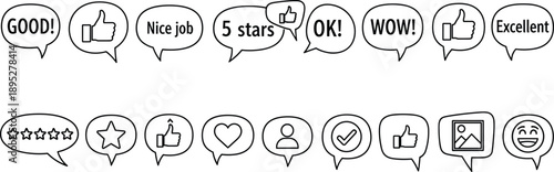 Collection of speech bubble icons for customer reviews, feedback, social media comments with thumbs up, five stars, and positive testimonials