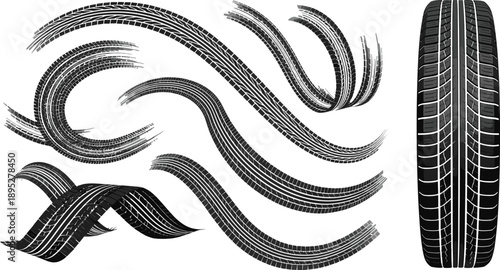 Car tire track marks set, rubber skid trail curves, racing drift trace vector illustration isolated on white background