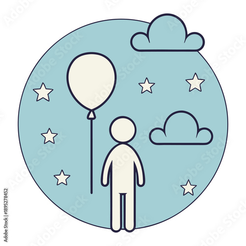 Minimalist line art graphic of a person holding a balloon with clouds and stars in a soft blue circular frame