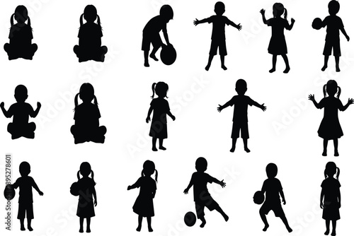 Children silhouette set, kids playing and standing poses, boys and girls activities, black child vector illustration