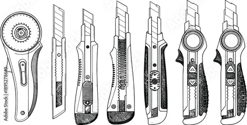 Collection of professional utility knives and rotary cutter illustrations featuring retractable blades for craft, DIY, office work and industrial cutting