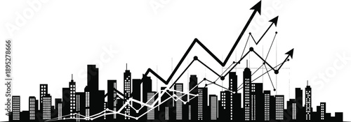 City skyline silhouette with financial growth chart arrows, business economy investment analytics vector illustration isolated on white background