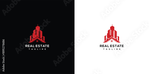 Modern Real Estate Logo Design with Building Icon on Black and White Backgrounds