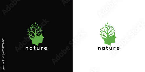 Dual-toned logos featuring a green tree in a pot labeled 'nature' on black and white backgrounds from a front viewpoint