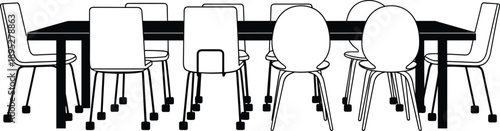 Conference meeting table with chairs illustration, office furniture teamwork discussion workspace vector isolated on white background