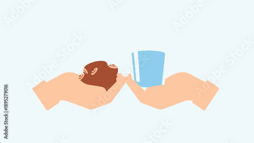 Hands Holding Coffee and Water Glass.