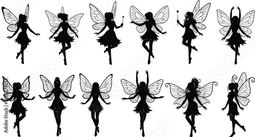 Fairy silhouette set with wings, magical fantasy female characters dancing flying vector illustration isolated on white background