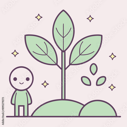 Happy character beside thriving plant symbolizes growth development new life joy and positive energy, success achieved