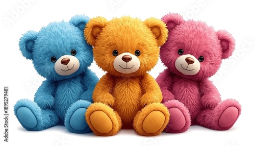 Three colorful teddy bears sitting together on a white background