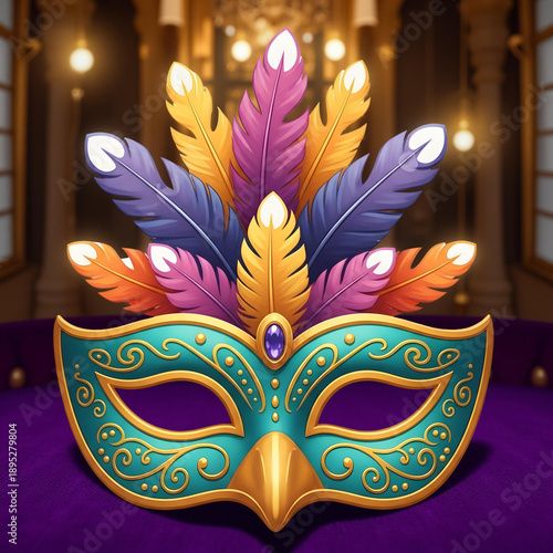 Vibrant venetian masquerade mask with colorful feathers