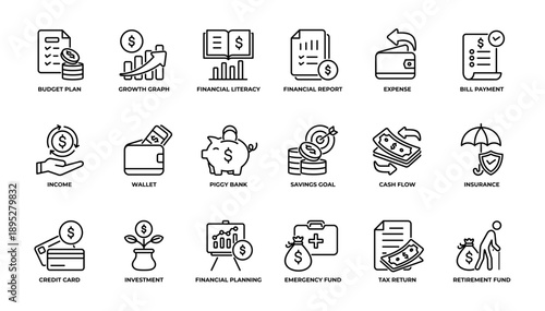 Money Management and personal finance icon set pack collection outline. Vector Illustration