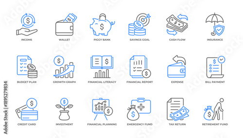 Money Management and personal finance icon set pack collection. Vector Illustration