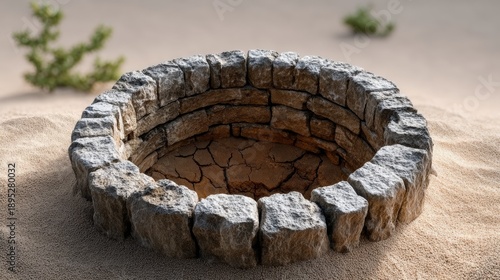 A large stone circle with a hole in the middle. The circle is surrounded by rocks and the hole is in the center. The image has a sense of mystery and intrigue