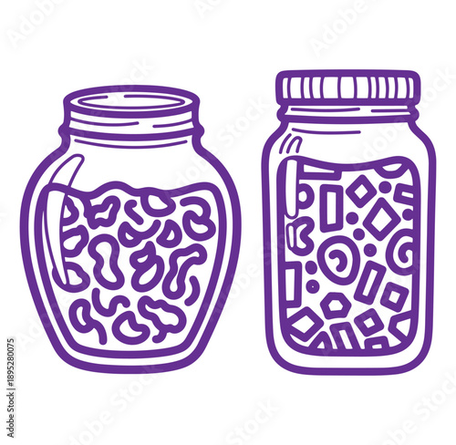 Two purple outline jars filled with abstract shapes on a white background Keywords: jar