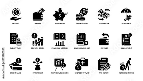 Money Management icon set pack collection glyph black. Vector Illustration