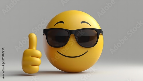 A cheerful emoji wearing sunglasses gives a thumbs up in a plain background