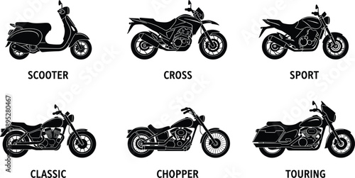 Motorcycle silhouette illustration collection featuring scooter, cross dirt bike, sport racing motorcycle, classic retro design, chopper custom style, touring long‑distance travel vector artwork set