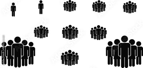 People group silhouette illustration collection featuring single individuals, small clusters, large gatherings, male and female figures, social structure vector artwork set for demographic design use