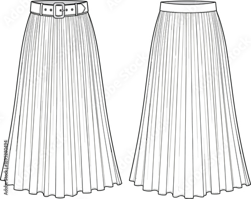 Pleated skirt fashion flat sketch with waistband variations, belt and buckle detail, plain waistband option, flared silhouette, technical garment illustration front and back views