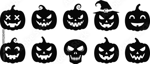 Halloween pumpkin face silhouette icon set, spooky scary jack o lantern expressions vector illustration isolated on white background