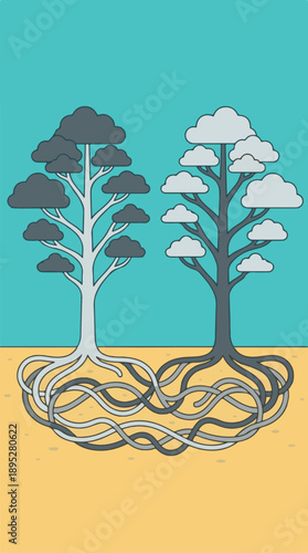 Two trees with opposing color schemes and shared, intertwined roots