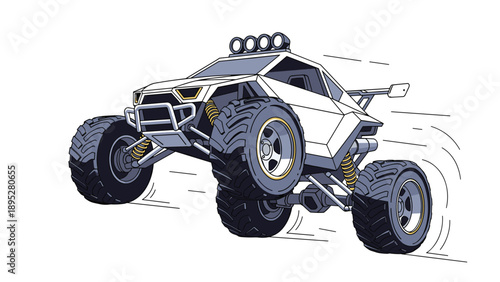 Powerful white monster truck with oversized tires performing an impressive jump against a plain white background.