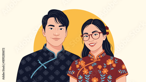 Happy Asian couple dressed in traditional qipao and cheongsam smiling warmly together against a bright yellow sun background.
