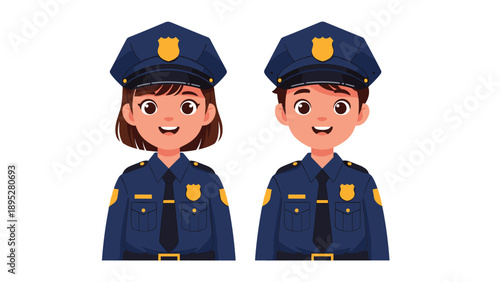 Portraits of a friendly male and female police officer wearing official blue uniforms and badges on white background.