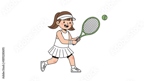 Active young girl in a white tennis outfit hitting a green ball with a racket during a competitive sports match.