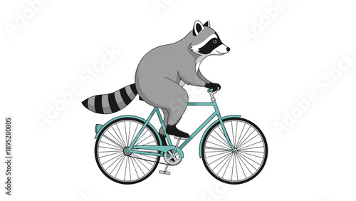 Determined gray raccoon riding a light blue bicycle with focused concentration against a plain white background.