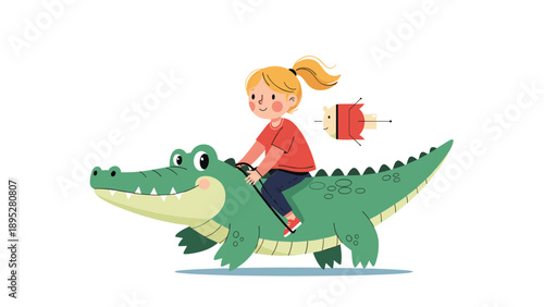 Brave young girl with a blonde ponytail riding on the back of a large green crocodile against a white background.