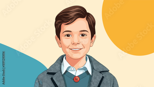 Portrait of a handsome young boy wearing a gray tweed coat and a blue sweater with a prominent button detail.