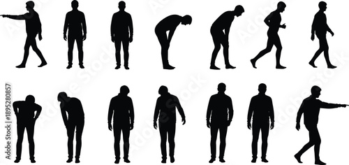 Male human silhouette poses set, walking standing bending gestures, body language actions, people motion vector collection