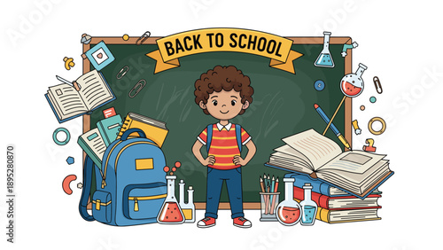 Smiling schoolboy with a backpack standing in front of a chalkboard surrounded by books and school supplies.