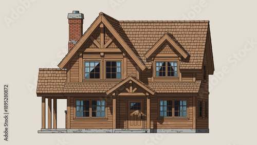 Beautiful rustic wooden log cabin with a brick chimney and large glass windows set against a simple neutral background.