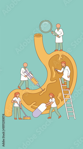 Conceptual medical illustration of stomach health, diagnosis, and treatment