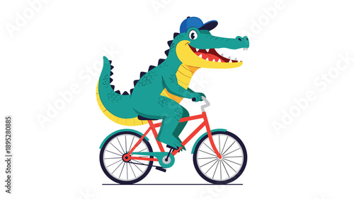 Fun illustration of a green crocodile wearing a blue cap and riding a red bicycle against a plain white background.